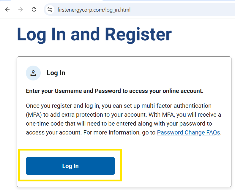 FirstEnergy Log In and Register page with the Log In button highlighted