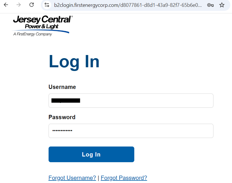 JCP&L log-in form with Username and Password fields