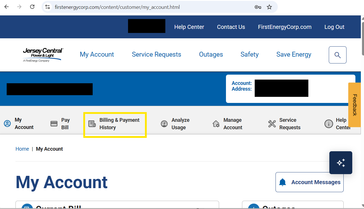 My Account dashboard with the Billing & Payment History shortcut highlighted