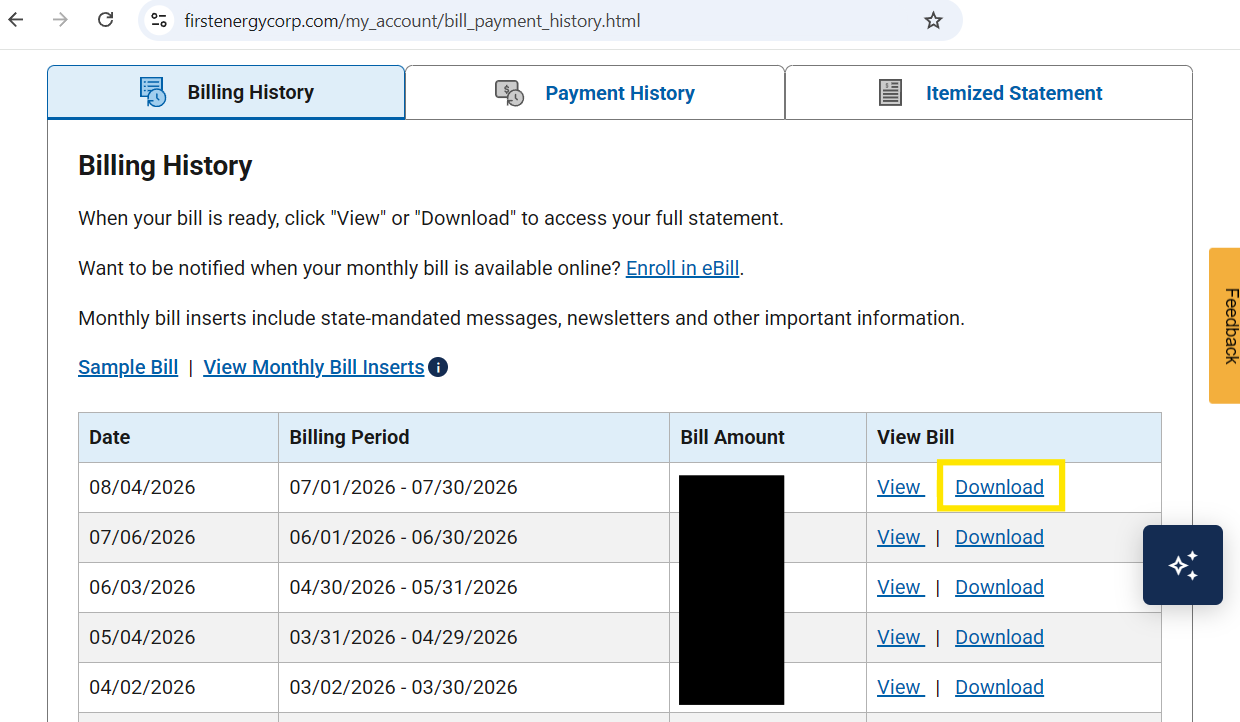 Billing History list with the Download link highlighted